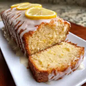 A golden-brown lemon loaf bread with white glaze drizzled on top and lemon zest garnish, sliced to show moist, tender yellow crumb