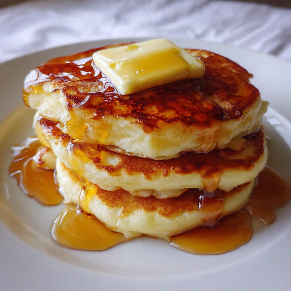 buttermilk pancakes on a white plate, topped with a pat of melting butter and drizzled with maple syrup, with fresh berries on the side