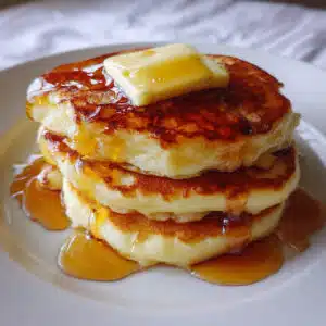 buttermilk pancakes on a white plate, topped with a pat of melting butter and drizzled with maple syrup, with fresh berries on the side