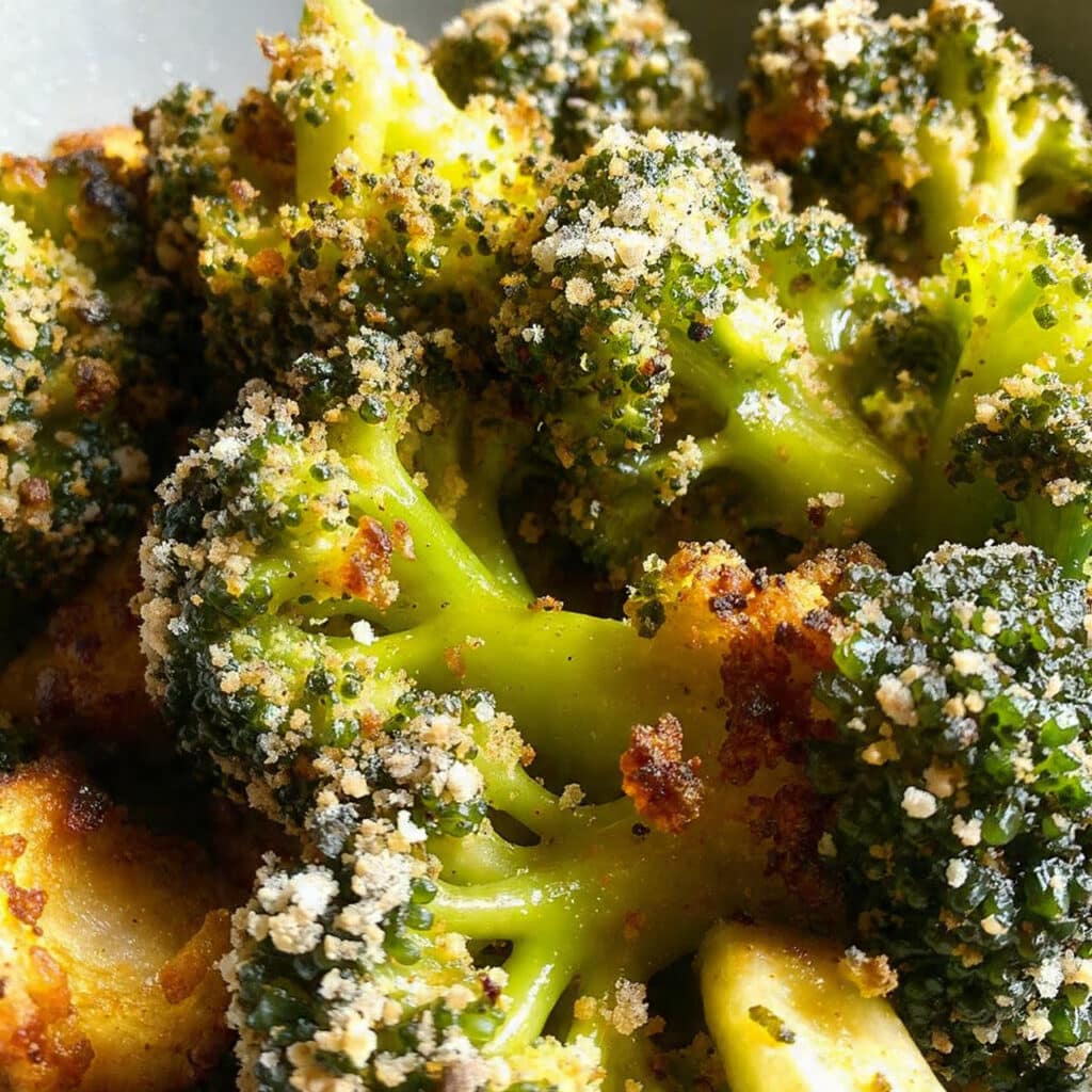 Crispy golden garlic air fryer broccoli florets on a white serving plate with optional lemon wedges and grated Parmesan cheese