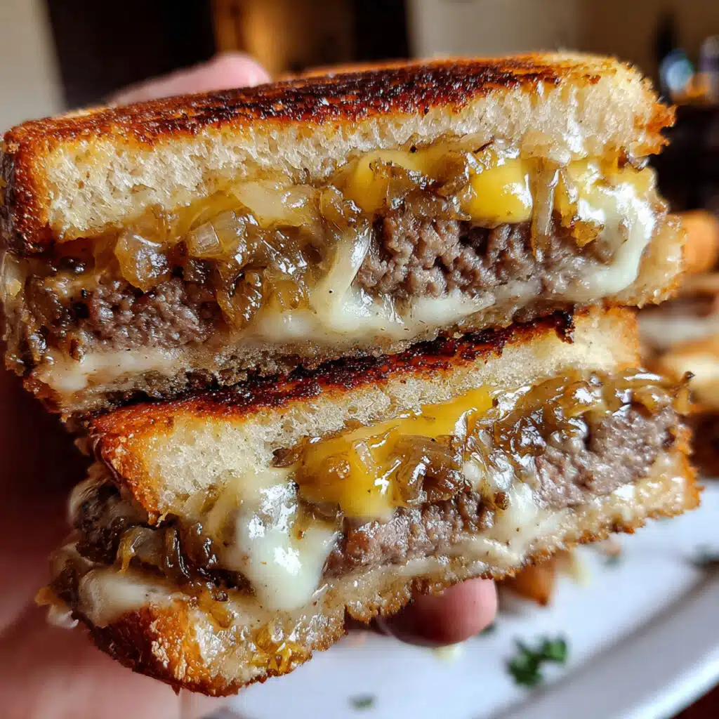 Golden brown grilled patty melt sandwich on rye bread with melted Swiss cheese and caramelized onions, cut in half to show juicy beef patty inside