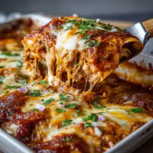 chicken enchiladas in a white baking dish topped with melted cheese, sour cream, cilantro, and avocado