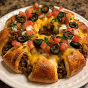 Golden brown taco crescent ring on a baking sheet filled with seasoned ground beef, melted cheese, tomatoes, and olives, sliced into wedges and served with sour cream and salsa