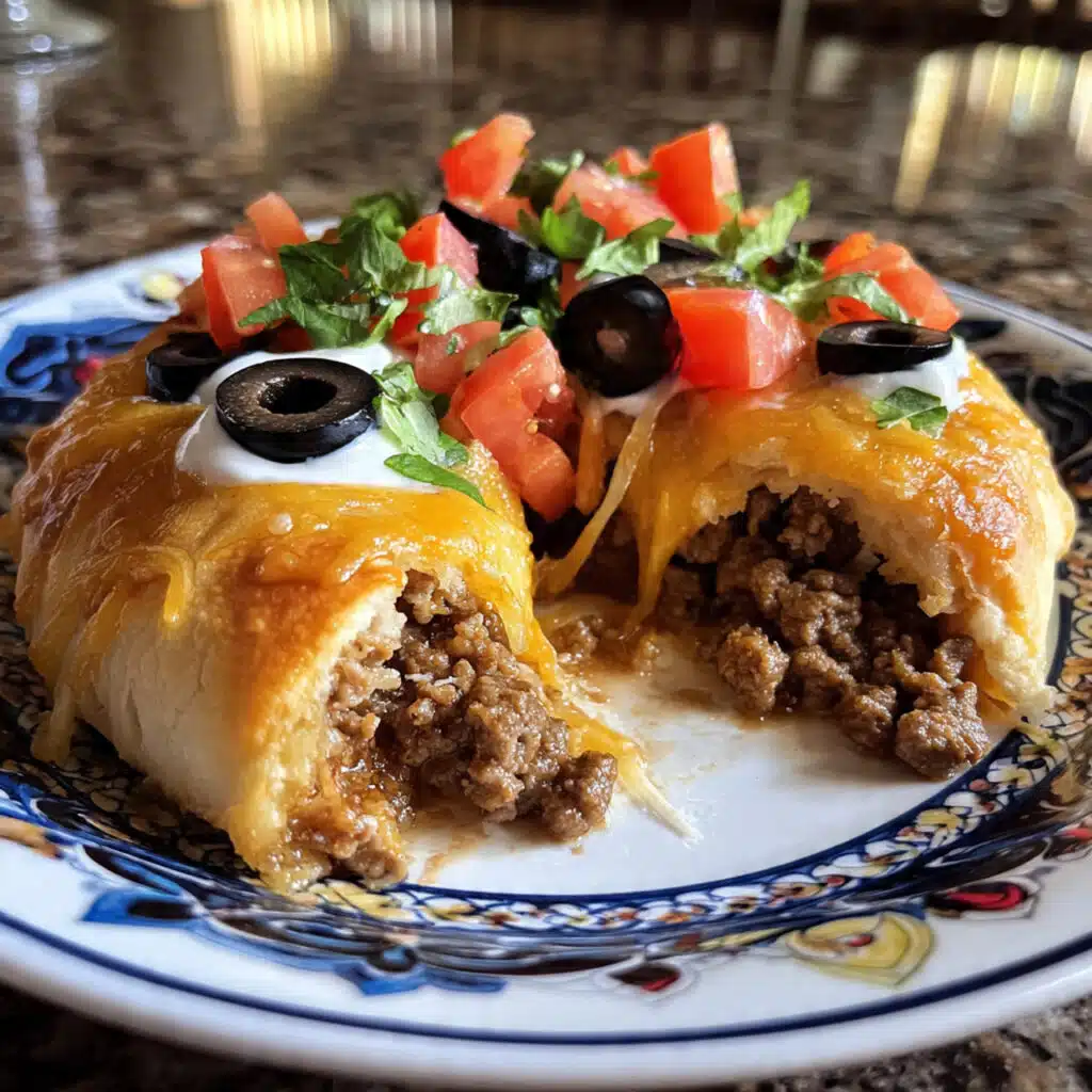 Golden brown taco crescent ring on a baking sheet filled with seasoned ground beef, melted cheese, tomatoes, and olives, sliced into wedges and served with sour cream and salsa