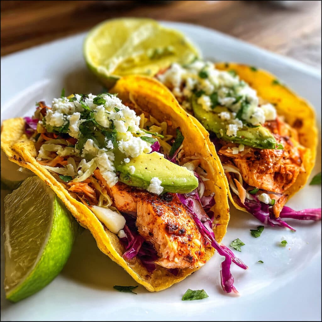 Baked salmon tacos topped with fresh cabbage slaw, avocado slices, and lime wedges on a white plate