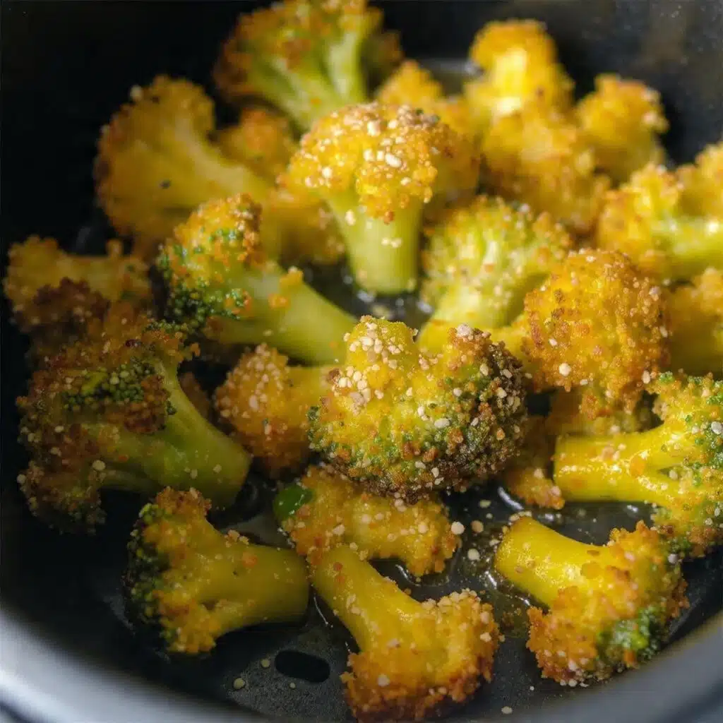 Crispy golden garlic air fryer broccoli florets on a white serving plate with optional lemon wedges and grated Parmesan cheese