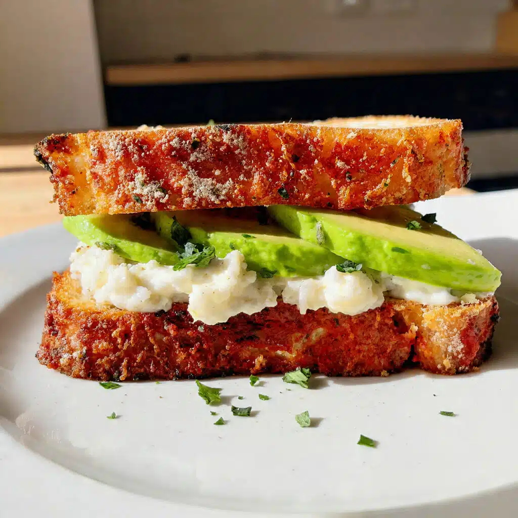 Cottage cheese toast topped with creamy avocado slices, cherry tomatoes, and fresh herbs on golden toasted sourdough bread
