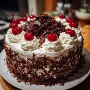 homemade Black Forest Cake is easier than you think! Moist chocolate layers, sweet cherry filling, and fluffy whipped cream make this German classic absolutely irresistible