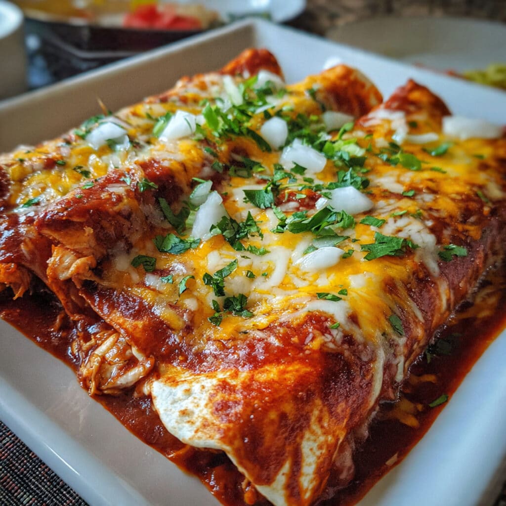 chicken enchiladas in a white baking dish topped with melted cheese, sour cream, cilantro, and avocado