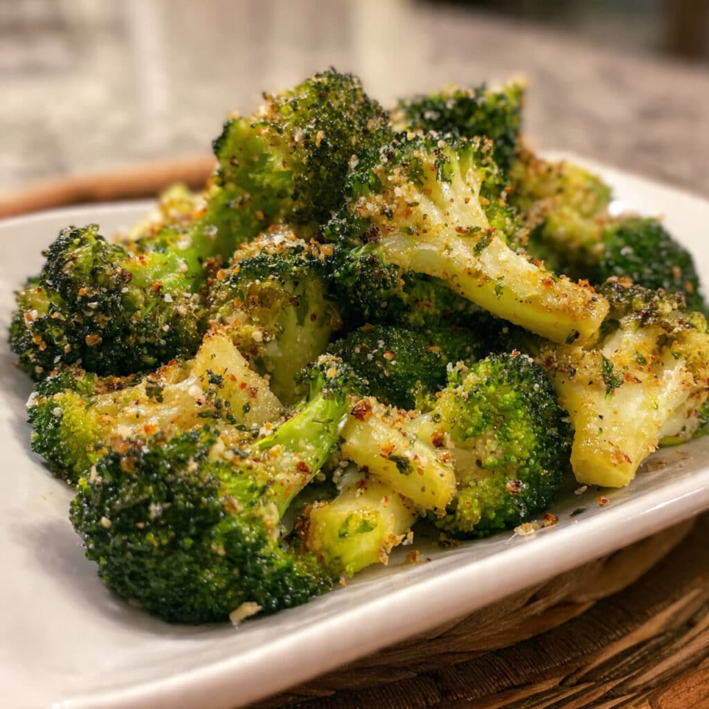 Crispy golden garlic air fryer broccoli florets on a white serving plate with optional lemon wedges and grated Parmesan cheese