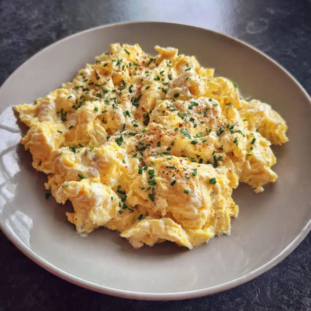 Creamy scrambled eggs with cottage cheese on a white plate, softly folded with visible curds, garnished with fresh black pepper and chives, with a fork on the side and buttered toast in the background