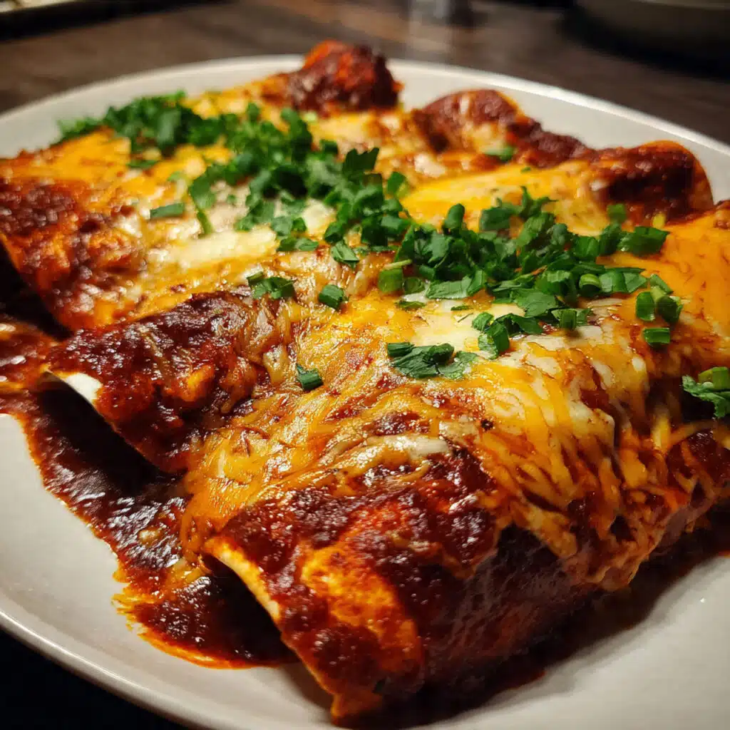 Easy Chicken Enchiladas Recipe 8 chicken enchiladas in a white baking dish topped with melted cheese, sour cream, cilantro, and avocado