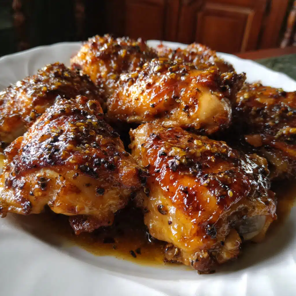 Golden brown baked honey glazed chicken thighs on a white plate, garnished with sesame seeds and fresh parsley, with a glossy caramelized honey soy glaze