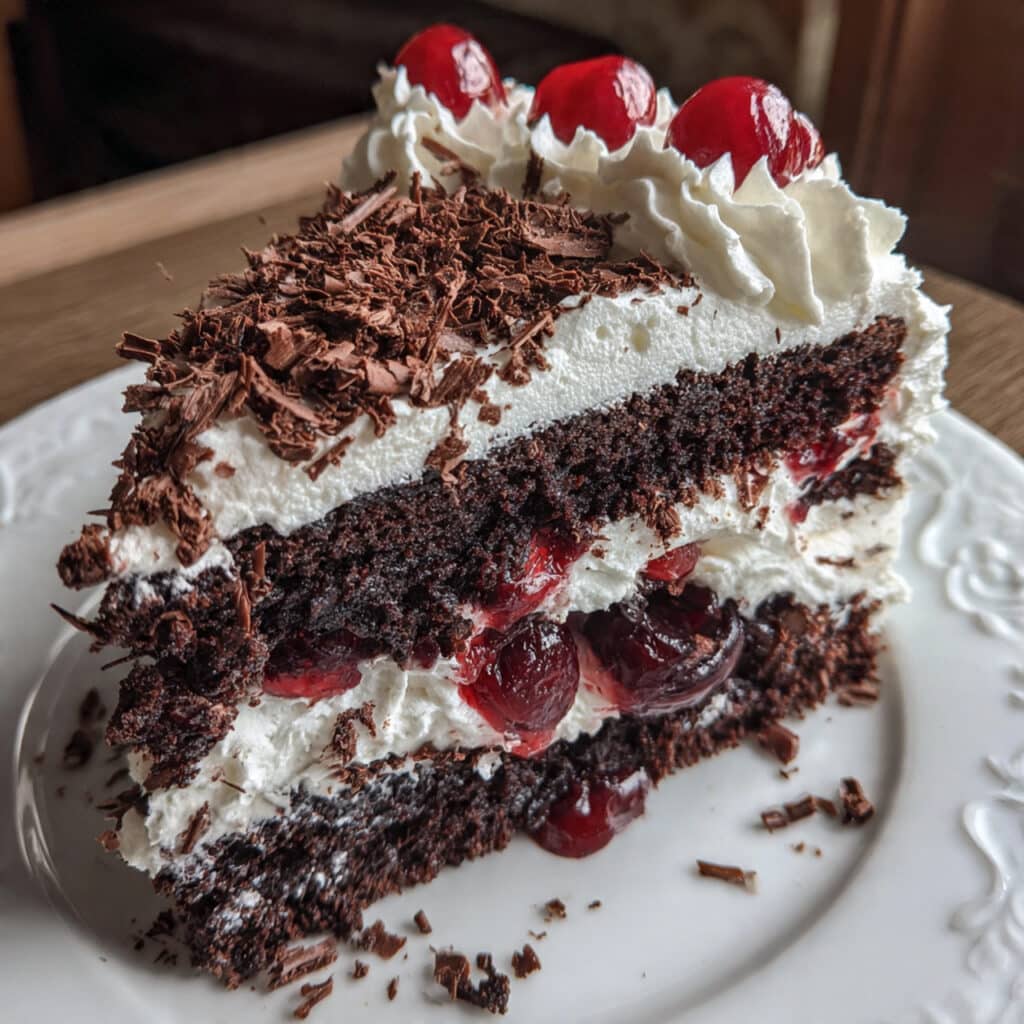 homemade Black Forest Cake is easier than you think! Moist chocolate layers, sweet cherry filling, and fluffy whipped cream make this German classic absolutely irresistible