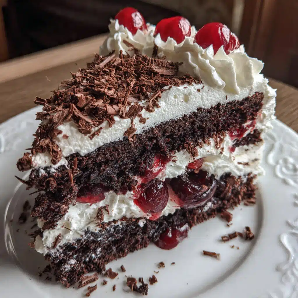homemade Black Forest Cake is easier than you think! Moist chocolate layers, sweet cherry filling, and fluffy whipped cream make this German classic absolutely irresistible