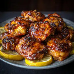 Golden brown baked honey glazed chicken thighs on a white plate, garnished with sesame seeds and fresh parsley, with a glossy caramelized honey soy glaze