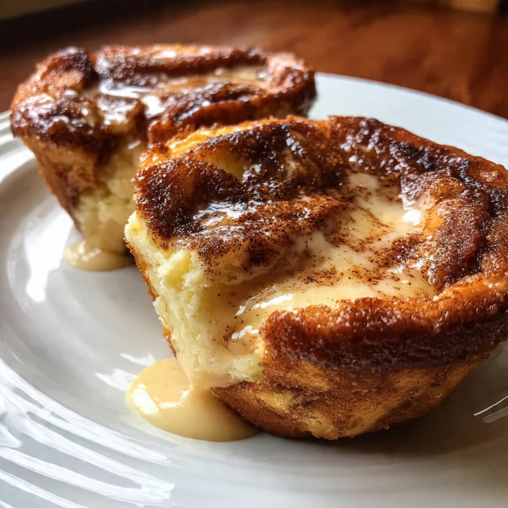 Golden brown cinnamon sugar French toast muffins on a white plate, topped with sparkly cinnamon sugar and drizzled with vanilla glaze, surrounded by fresh berries
