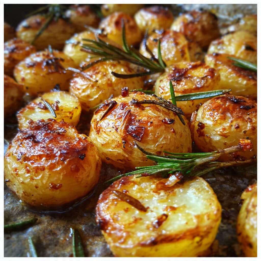 Golden-brown roasted baby potatoes on a white serving platter, garnished with fresh rosemary sprigs and glistening with olive oil