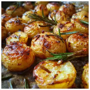 Golden-brown roasted baby potatoes on a white serving platter, garnished with fresh rosemary sprigs and glistening with olive oil