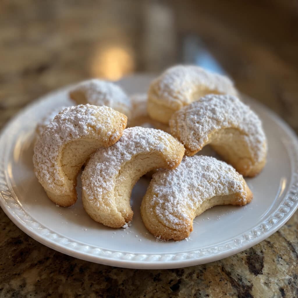 Buttery Almond Crescent Cookies dusted with powdered sugar – a classic holiday treat that melts in your mouth!
