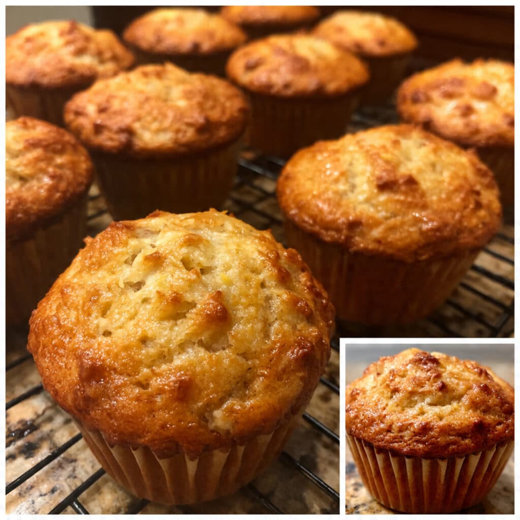 Golden brown banana muffins with domed tops arranged on a white plate, showing moist, tender texture with visible banana throughout