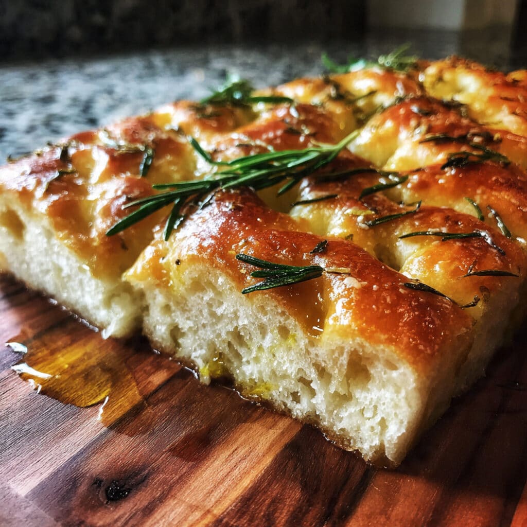 Golden brown focaccia bread with deep dimples, fresh rosemary sprigs, and flaky sea salt, drizzled with olive oil