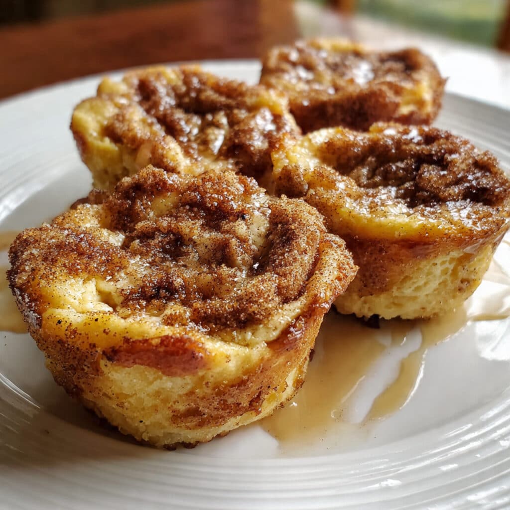 Golden brown cinnamon sugar French toast muffins on a white plate, topped with sparkly cinnamon sugar and drizzled with vanilla glaze, surrounded by fresh berries