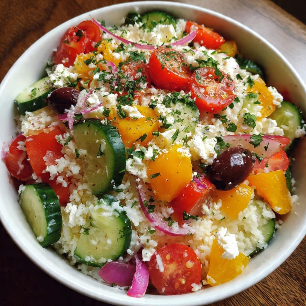 fresh and flavorful Greek Salad is ready in just 15 minutes with crisp vegetables, tangy feta, briny olives, and a simple homemade dressing that brings all those beautiful Mediterranean flavors