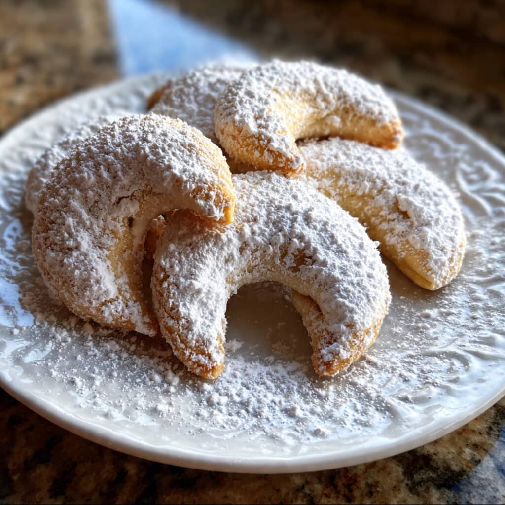 Buttery Almond Crescent Cookies dusted with powdered sugar – a classic holiday treat that melts in your mouth!