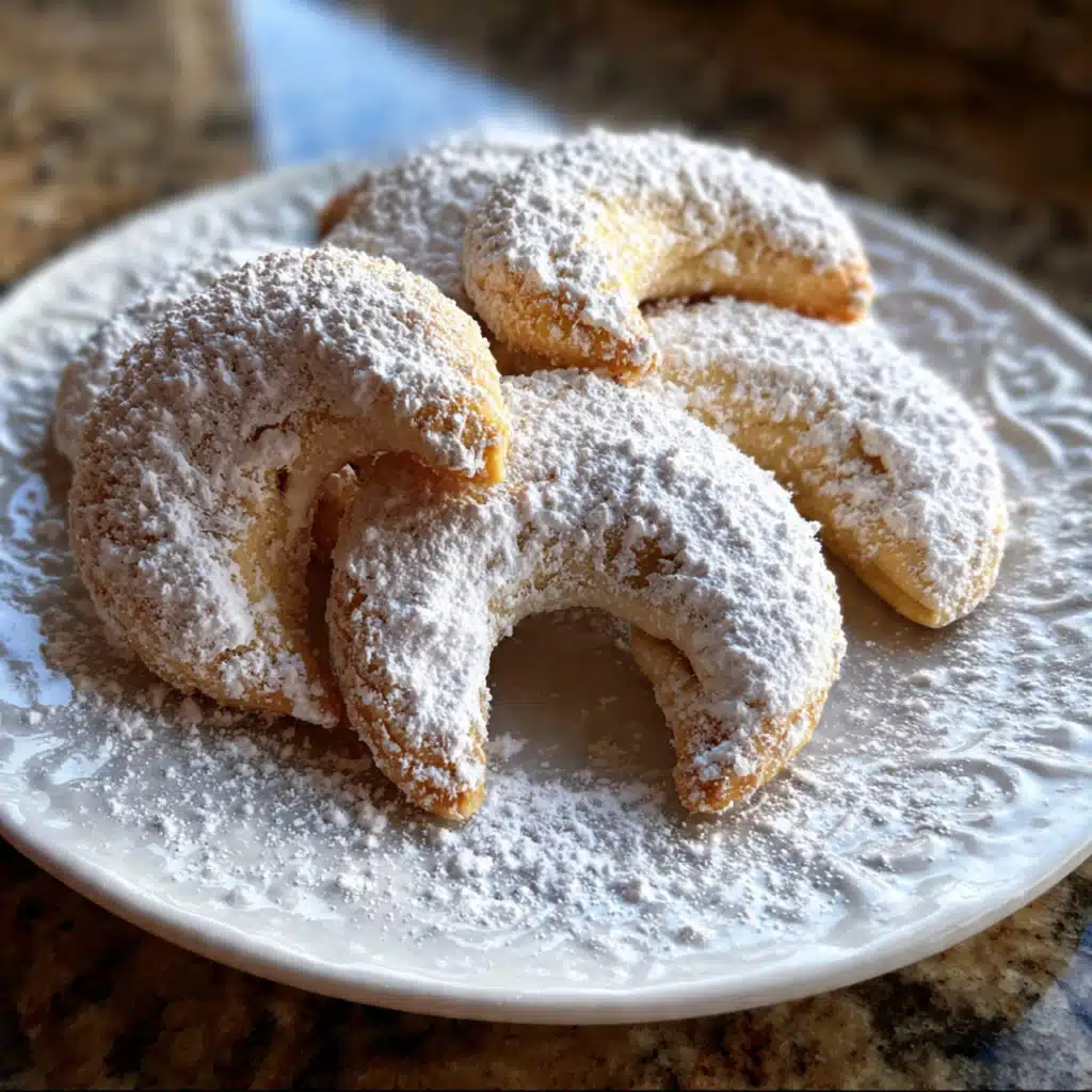 Buttery Almond Crescent Cookies dusted with powdered sugar – a classic holiday treat that melts in your mouth!