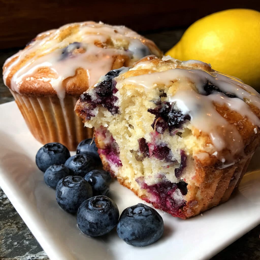Golden-brown blueberry muffins with white lemon glaze drizzled on top, studded with juicy blueberries, displayed on a white cooling rack