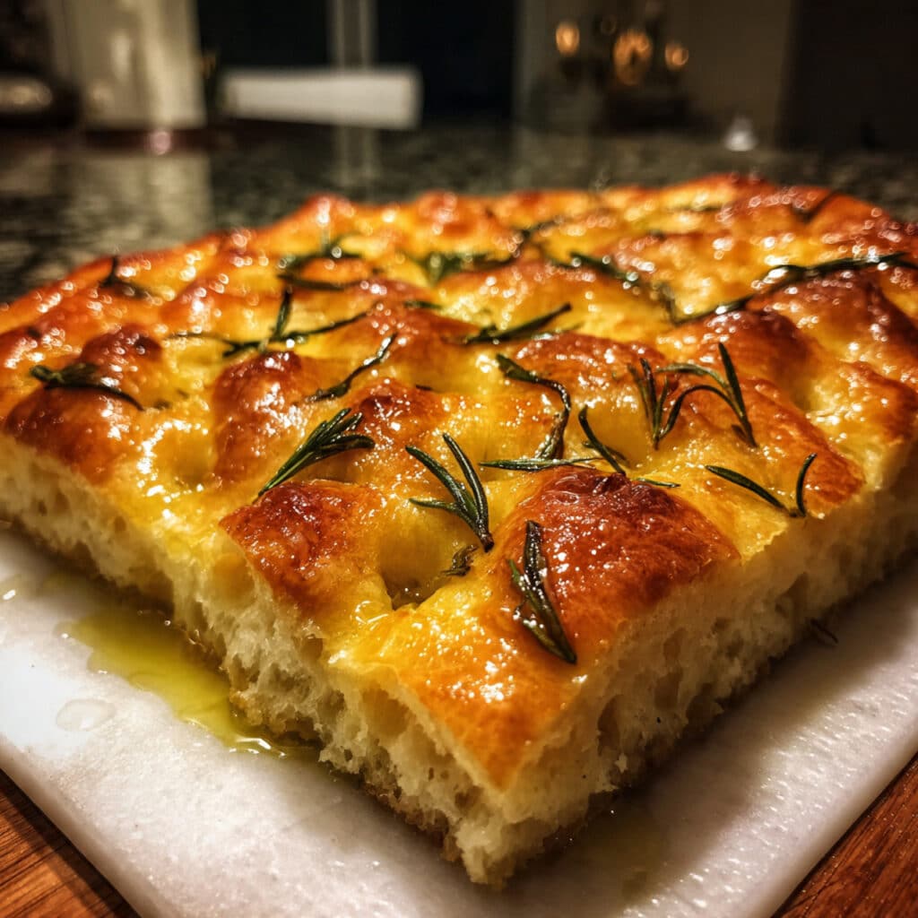 Golden brown focaccia bread with deep dimples, fresh rosemary sprigs, and flaky sea salt, drizzled with olive oil