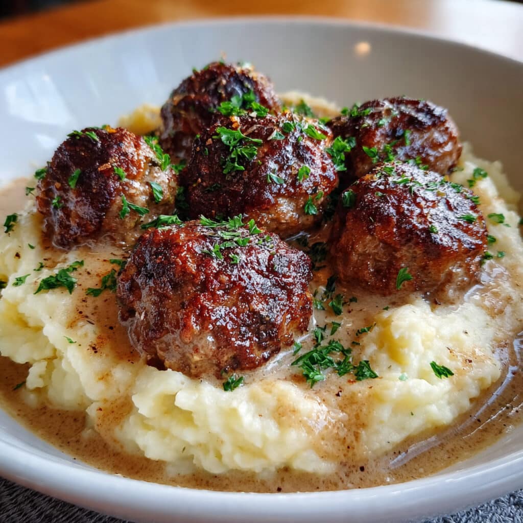 Tender homemade meatballs with mashed potatoes with rich brown gravy. Ready in just 25 minutes!