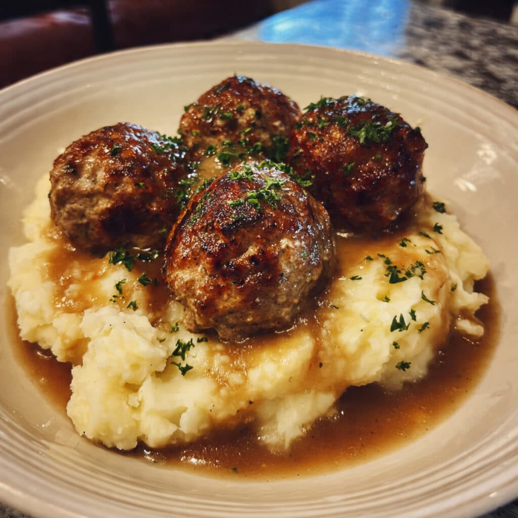 Tender homemade meatballs with mashed potatoes with rich brown gravy. Ready in just 25 minutes!