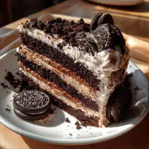 Four-layer chocolate Oreo cake with cream cheese frosting, decorated with crushed Oreos on the sides and Oreo cookies on top