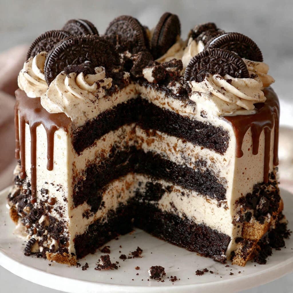 Four-layer chocolate Oreo cake with cream cheese frosting, decorated with crushed Oreos on the sides and Oreo cookies on top