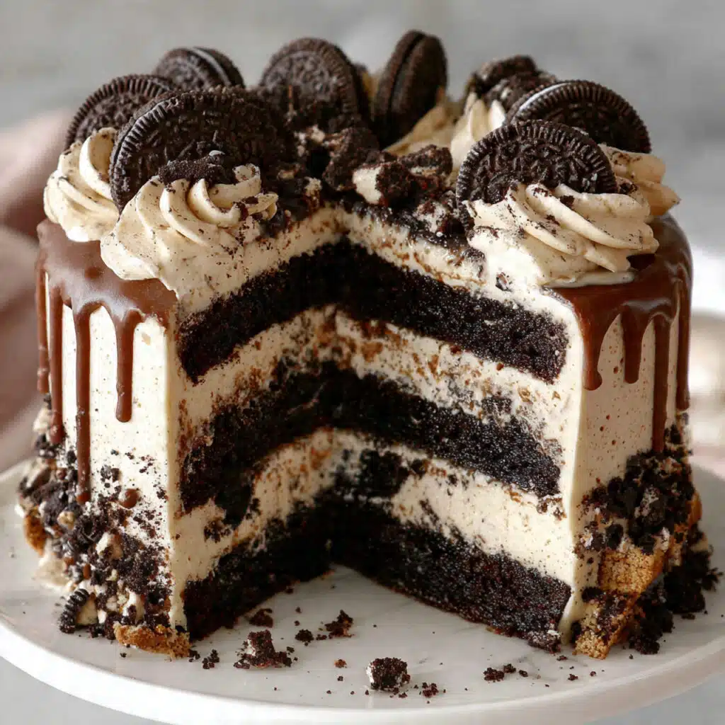 Four-layer chocolate Oreo cake with cream cheese frosting, decorated with crushed Oreos on the sides and Oreo cookies on top