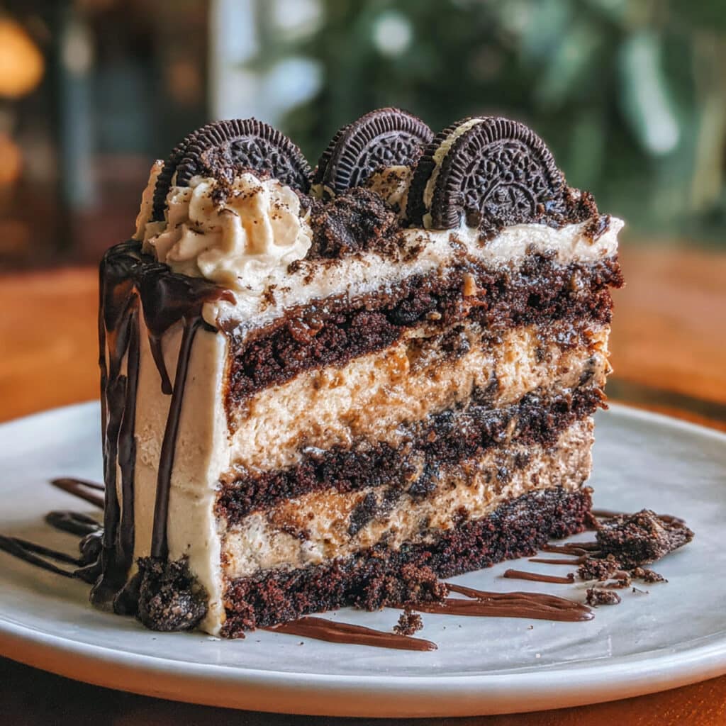 Four-layer chocolate Oreo cake with cream cheese frosting, decorated with crushed Oreos on the sides and Oreo cookies on top