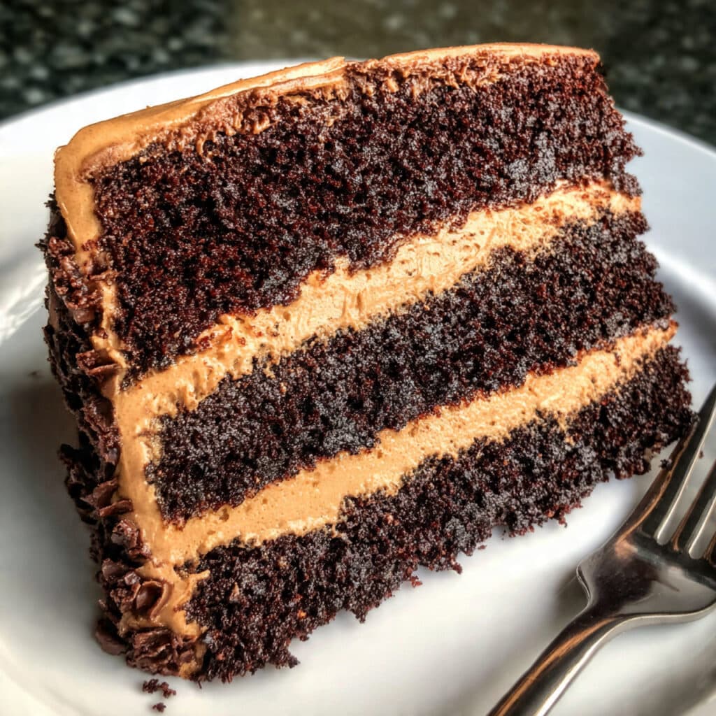 moist Chocolate Coffee Cake with silky Coffee Buttercream – the perfect combination of deep chocolate and espresso flavors in every bite