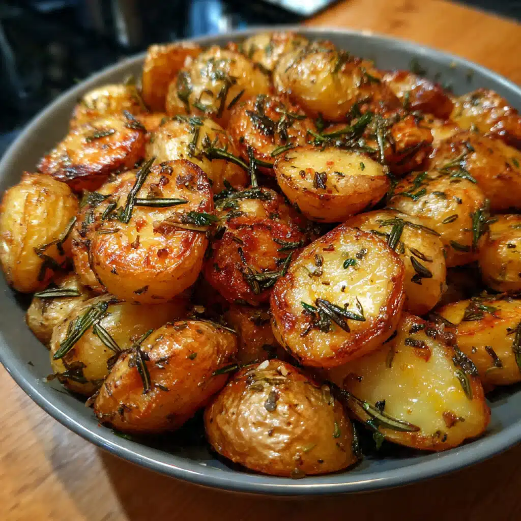 Golden-brown roasted baby potatoes on a white serving platter, garnished with fresh rosemary sprigs and glistening with olive oil