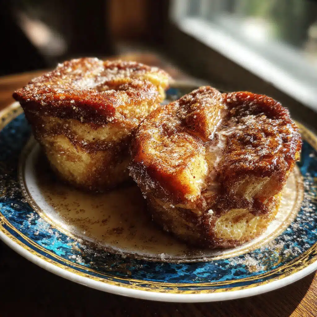 Golden brown cinnamon sugar French toast muffins on a white plate, topped with sparkly cinnamon sugar and drizzled with vanilla glaze, surrounded by fresh berries