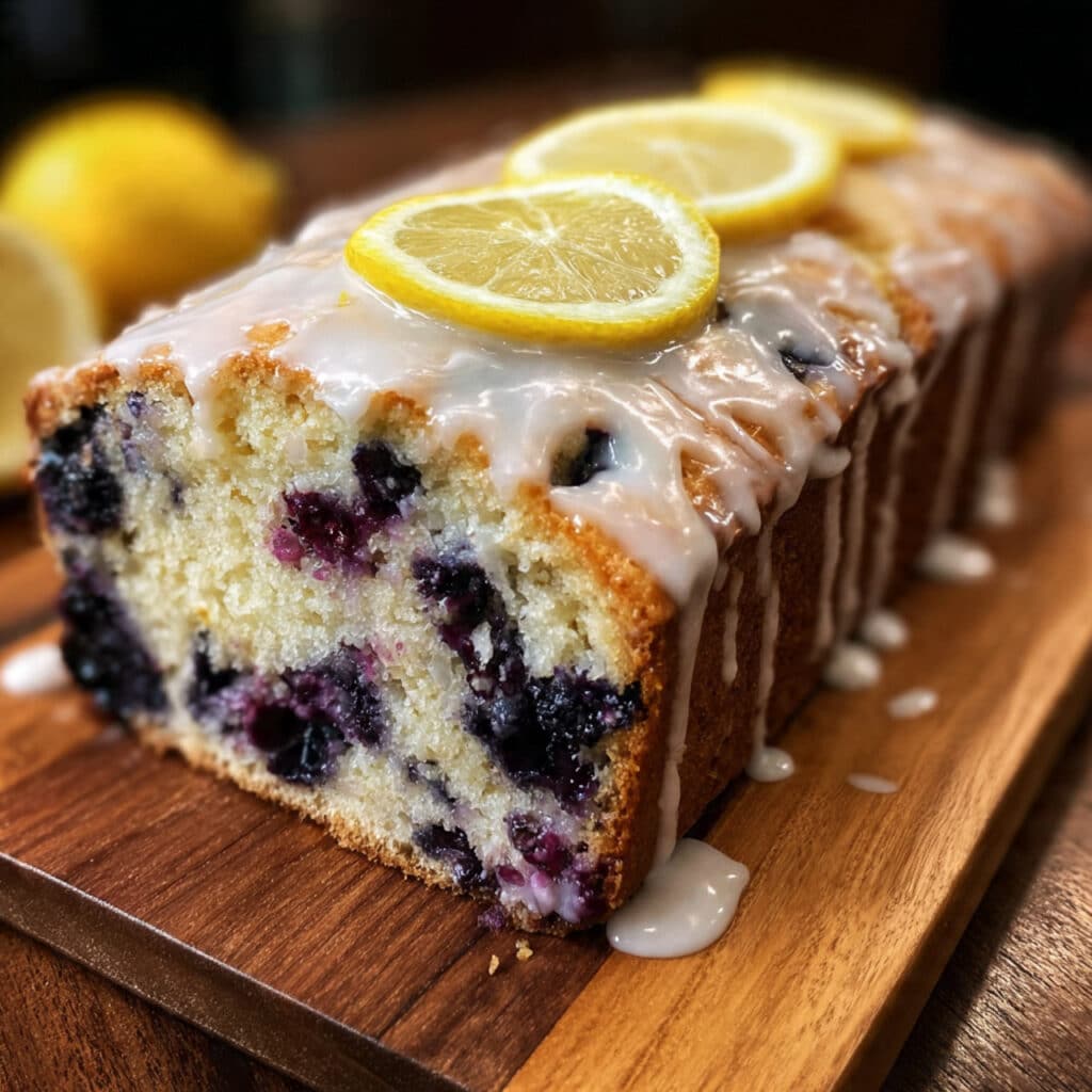 A slice of moist lemon blueberry bread with visible blueberries throughout and a sweet lemon glaze drizzled on top, served on a white plate