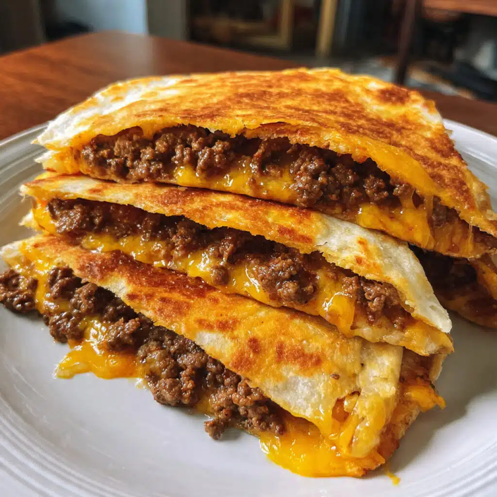 Golden, crispy ground beef quesadillas cut into wedges on a white plate, showing melted cheese and seasoned beef filling, served with sour cream, salsa, and guacamole on the side.