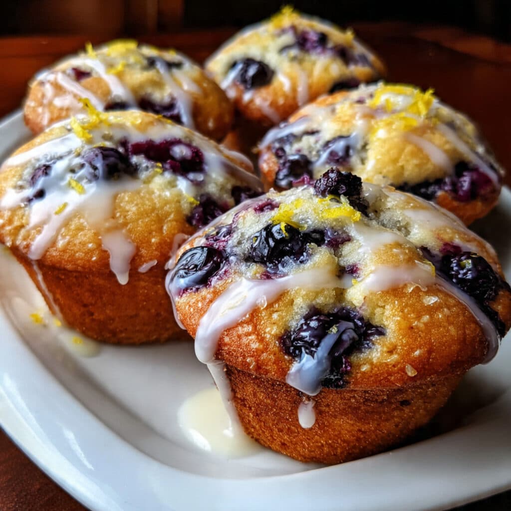 Golden-brown blueberry muffins with white lemon glaze drizzled on top, studded with juicy blueberries, displayed on a white cooling rack