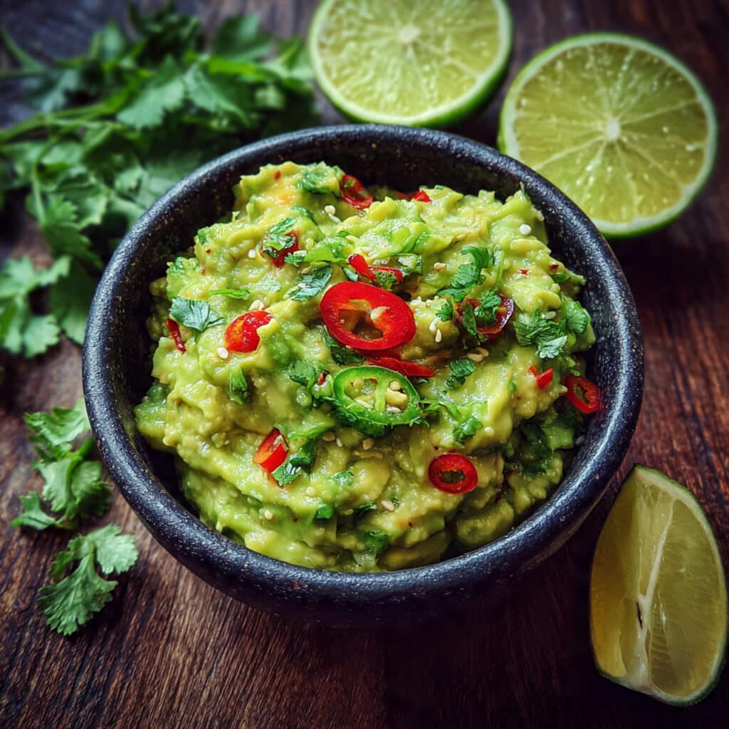 Fresh, creamy Spicy Guacamole ready to serve – loaded with jalapeños, lime, and cilantro