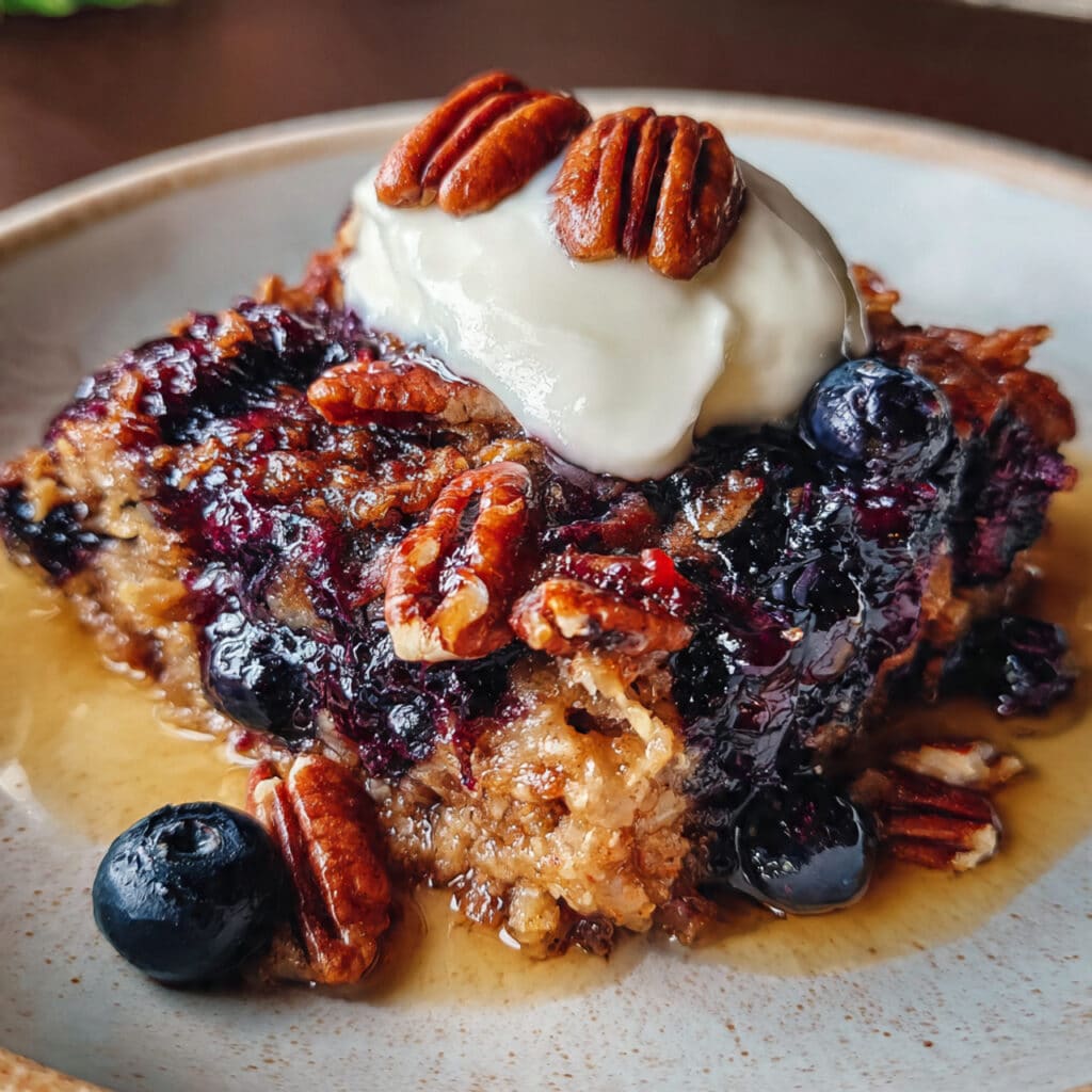 Warm Blueberry Pecan Baked Oatmeal topped with creamy yogurt