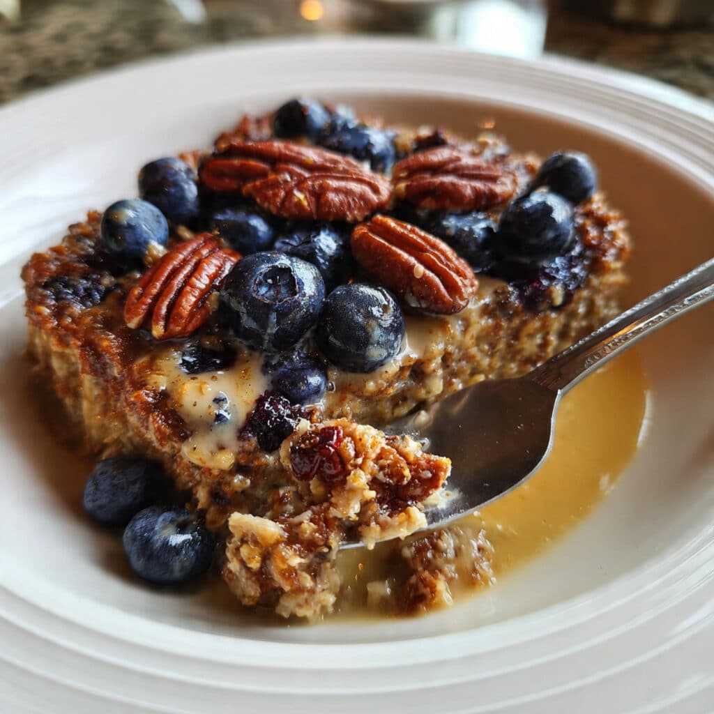 Warm Blueberry Pecan Baked Oatmeal topped with creamy yogurt