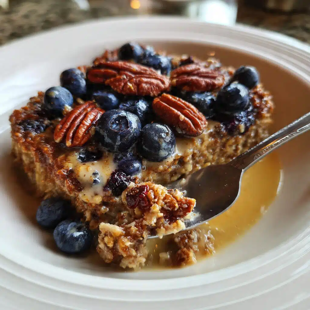 Warm Blueberry Pecan Baked Oatmeal topped with creamy yogurt