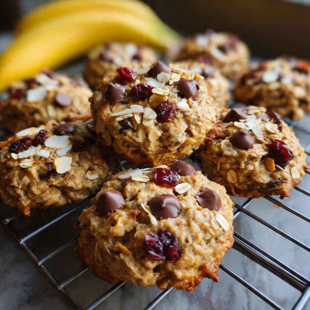 Golden brown banana oatmeal cookies arranged on a white plate with chocolate chips visible, soft and chewy texture, rustic kitchen background