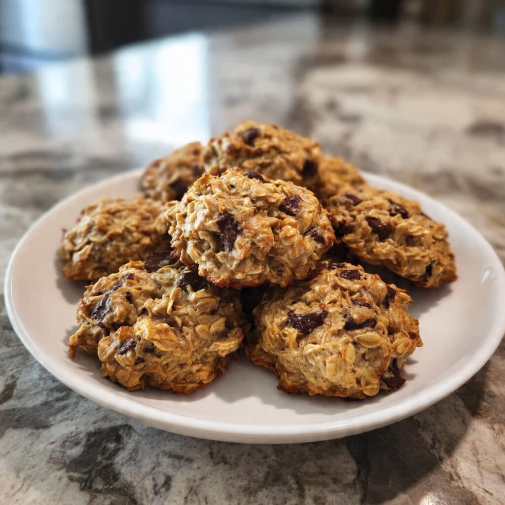 Golden brown banana oatmeal cookies arranged on a white plate with chocolate chips visible, soft and chewy texture, rustic kitchen background
